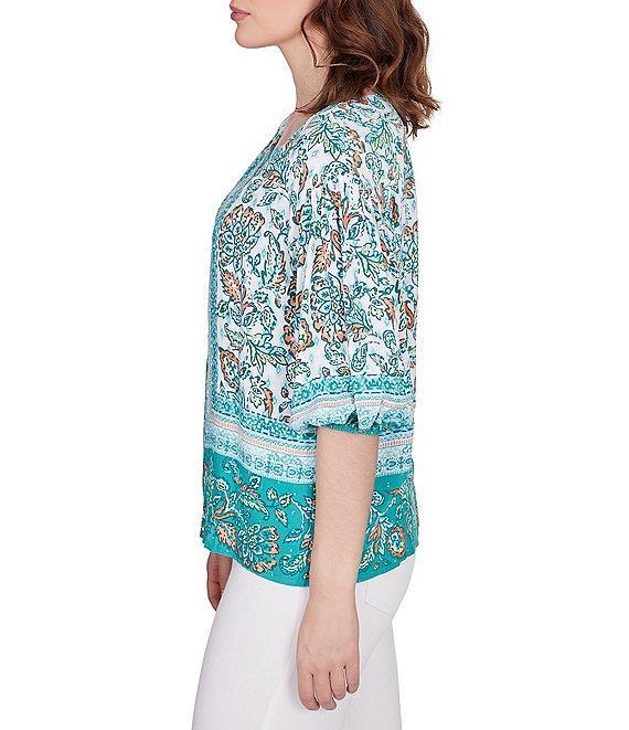 Ruby Rd. Woven Swiss Dot Print Split Round Neck 3/4 Sleeve Top Product Image