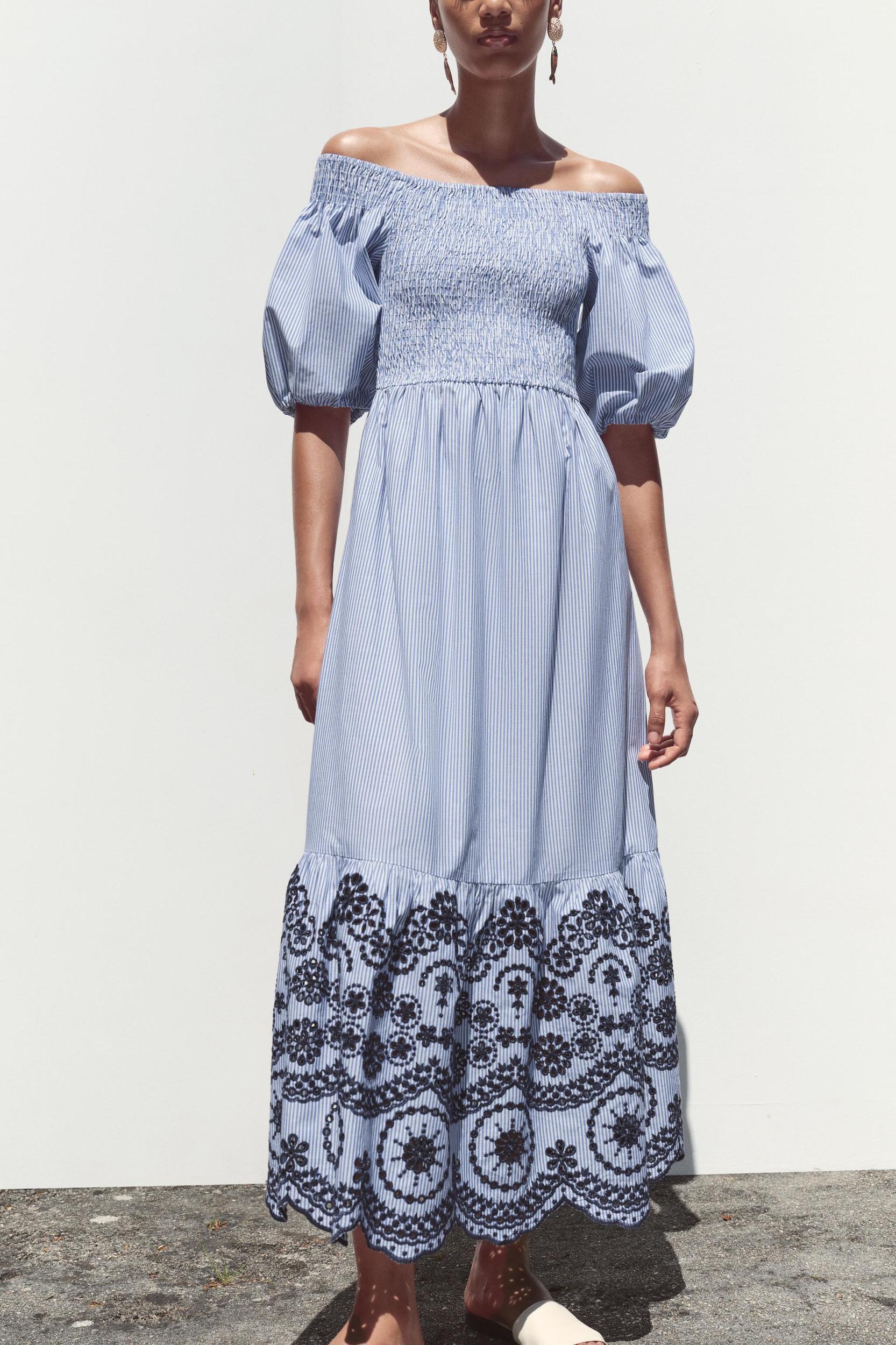 STRIPED EMBROIDERED MIDI DRESS Product Image