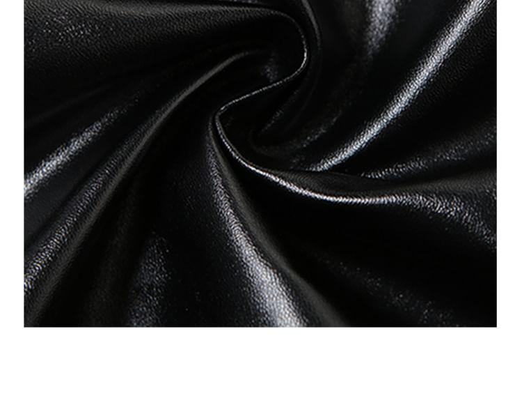 Strapless Plain Fluffy Trim Faux Leather Mini Sheath Dress Product Image