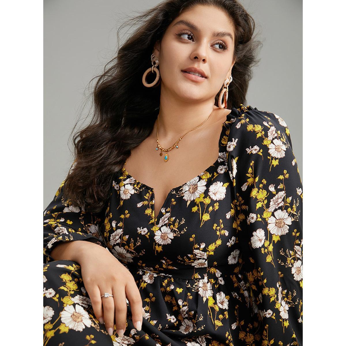 Plus Size Floral Print Notched Frill Trim Gathered Shirred Dress Black Women Vacation Gathered Notched collar Long Sleeve Curvy Midi Dress BloomChic 18-20/2X Product Image
