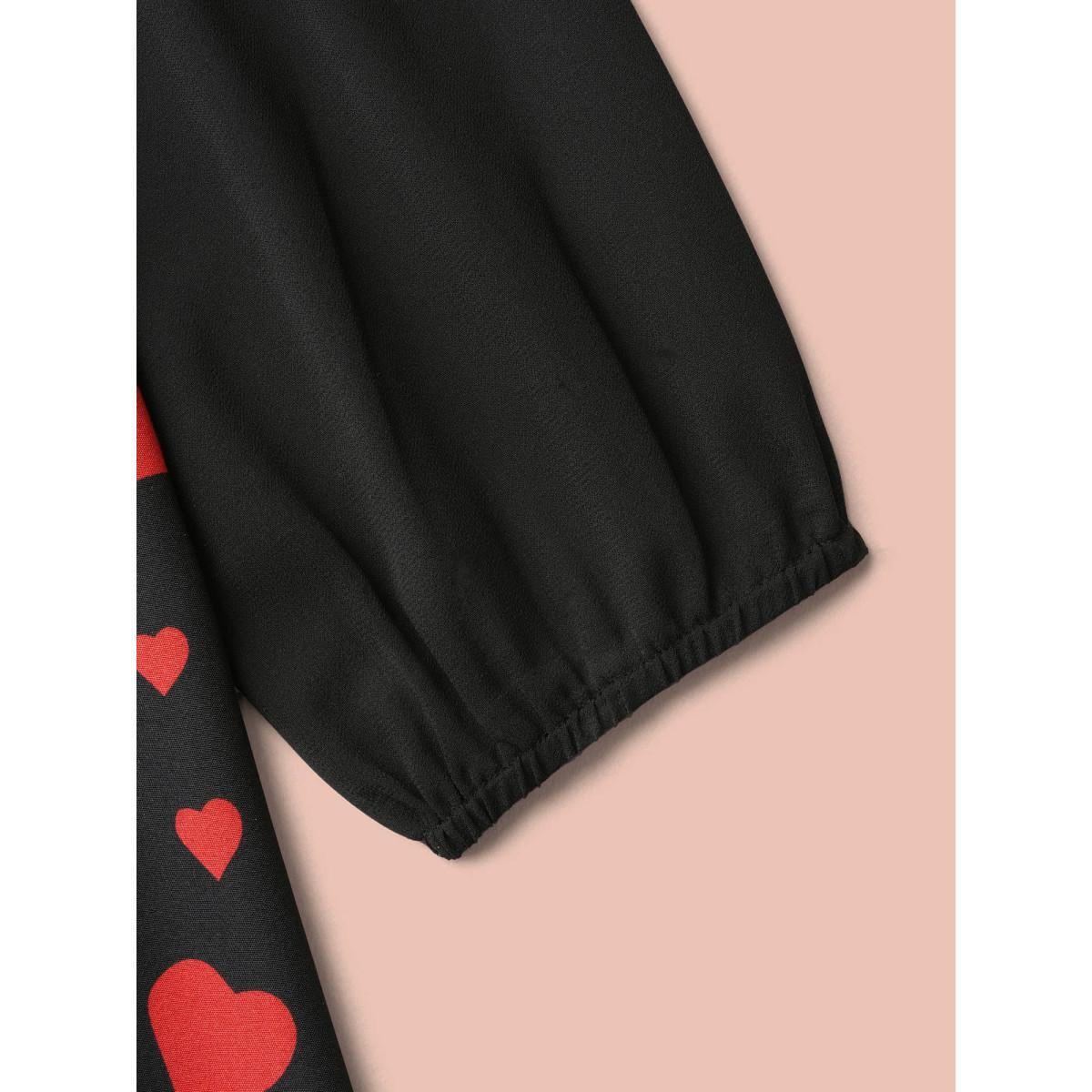 Plus Size Black Heart Print Patchwork Waist-Tie Blouse Women Elegant Extra Long Sleeve Square Neck Everyday Blouses BloomChic 28/5X Product Image