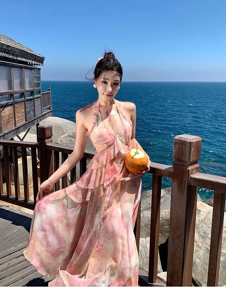 Halter-Neck Floral Print Asymmetrical Ruffled Maxi Sundress Product Image