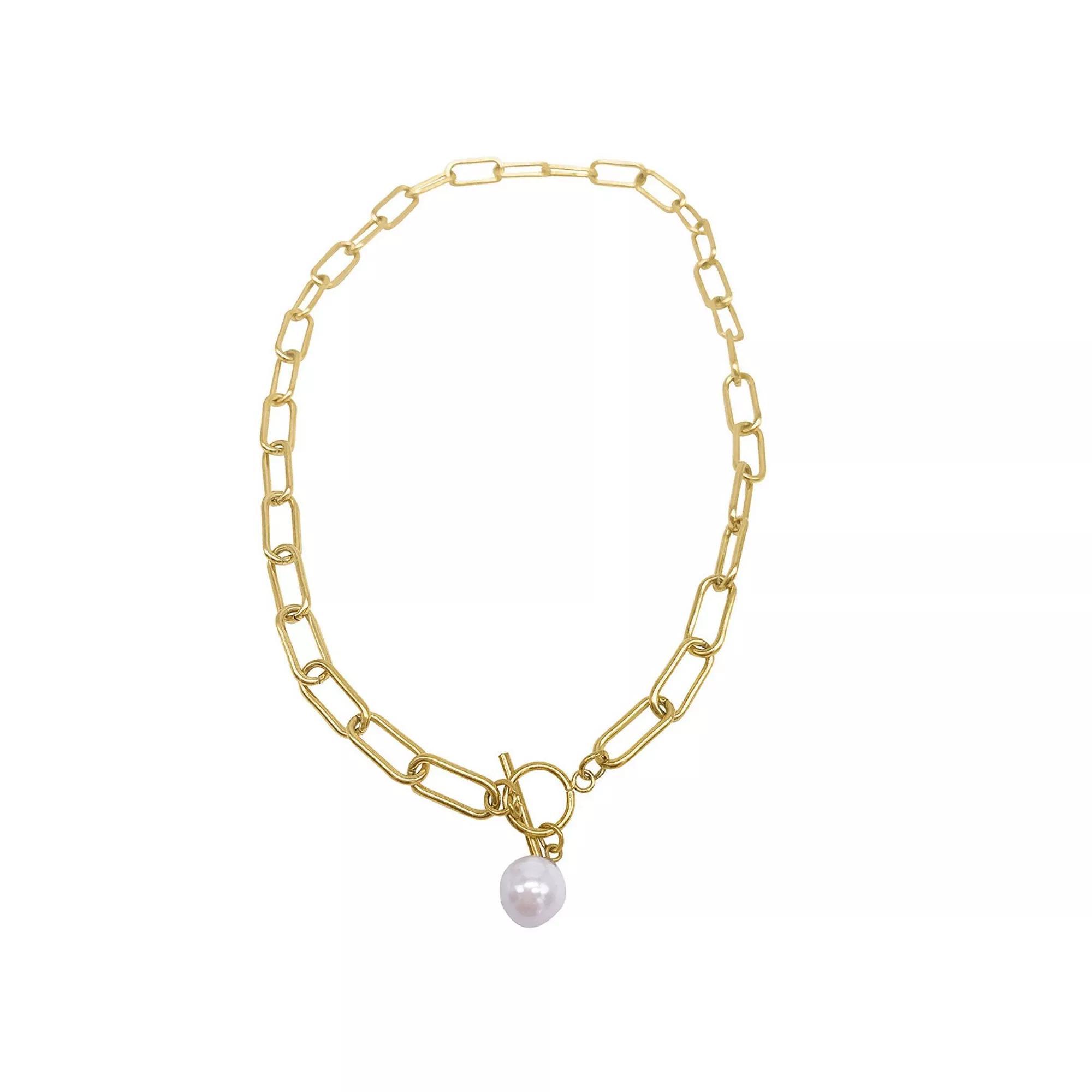 Adornia 14k Gold Plated Simulated Pearl Paper Clip Toggle Necklace, Women's, Size: 18", Silver Tone Product Image