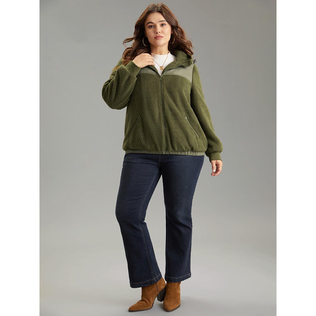 Plus Size Patchwork Zipper Rib Knit Hooded Teddy Jacket Women ArmyGreen Rib Knit Pocket Dailywear Jackets BloomChic 18-20/2X Product Image