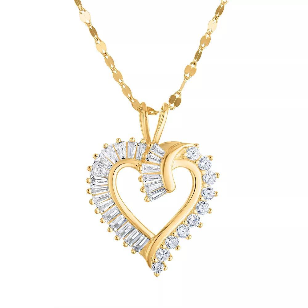 14k Gold Over Sterling Silver Cubic Zirconia Baguette Heart Pendant Necklace, Women's, Size: 18", Gold Tone Product Image