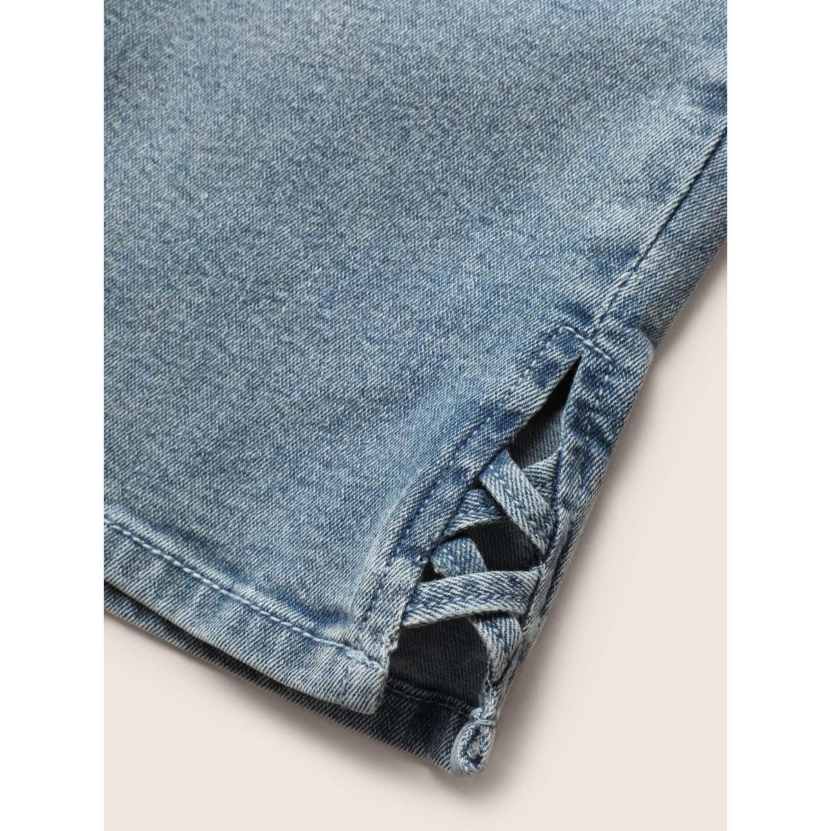Plus Size Vintage Elastic Waist Split Side Pull-on Jegging Jeans Women Denimblue Casual Slit High stretch Patch pocket Jeans BloomChic 24/3X Product Image