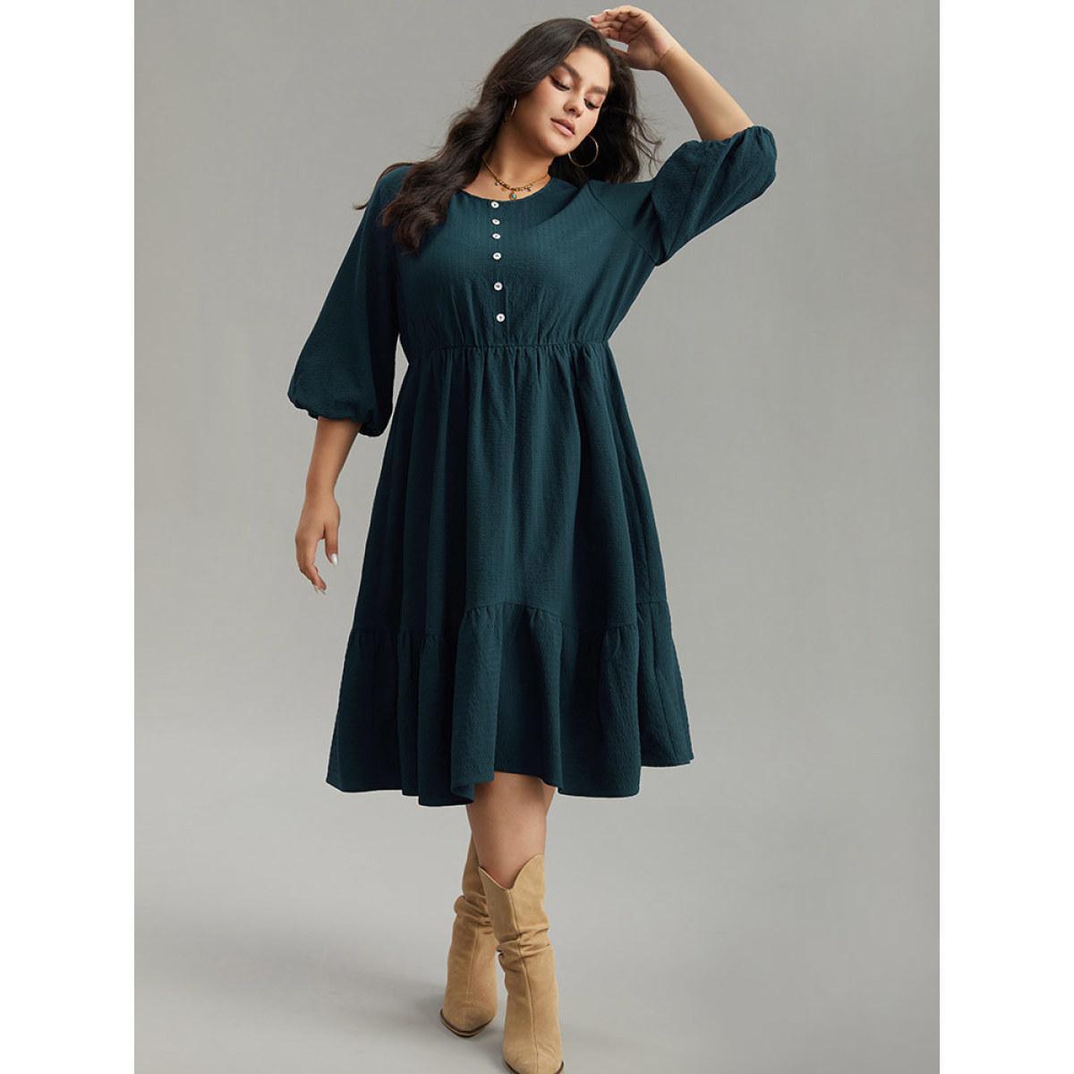 Plus Size Plain Textured Button Detail Pocket Dress DarkGreen Women Vacation Elastic cuffs Round Neck Elbow-length sleeve Curvy Midi Dress BloomChic 12/L Product Image