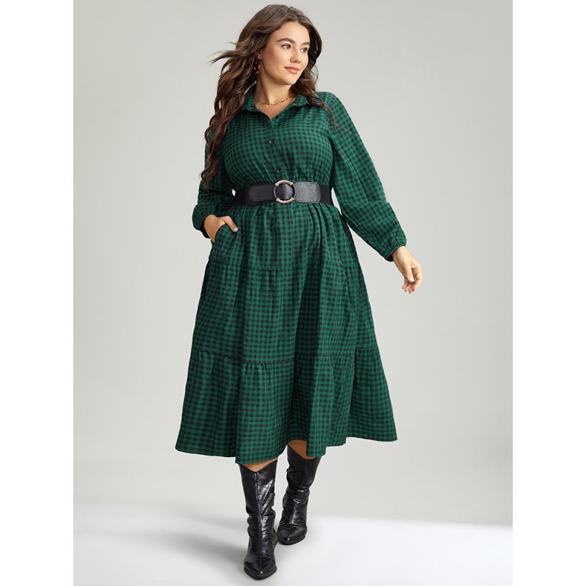 Plus Size Gingham Pocket Button Up Elastic Waist Dress DarkGreen Women Casual Elastic cuffs Shirt collar Long Sleeve Curvy Midi Dress BloomChic 28/5X Product Image