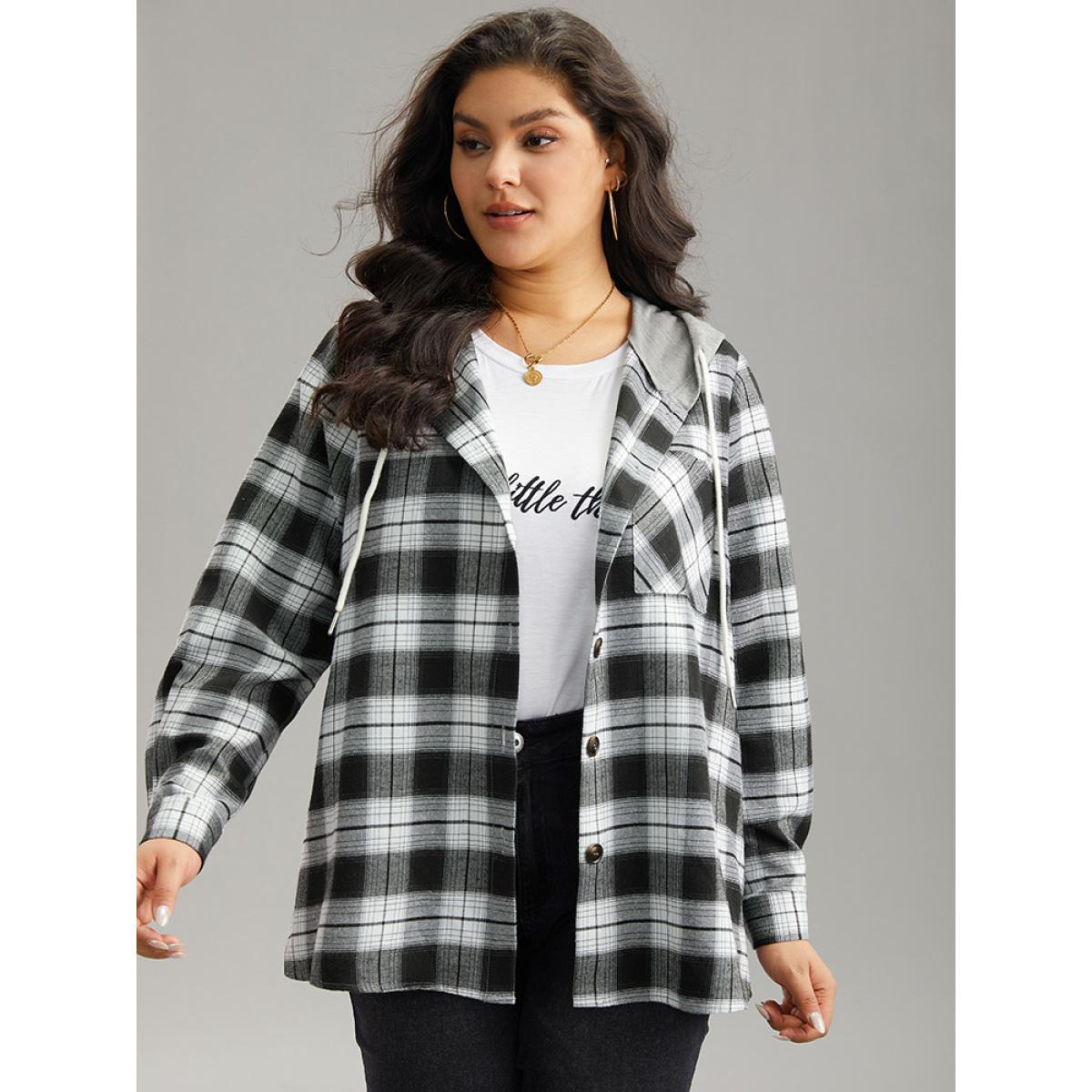 Plus Size Plaid Patchwork Hooded Drawstring Button Through Jacket Women Black Dailywear Jackets BloomChic 14-16/1X Product Image