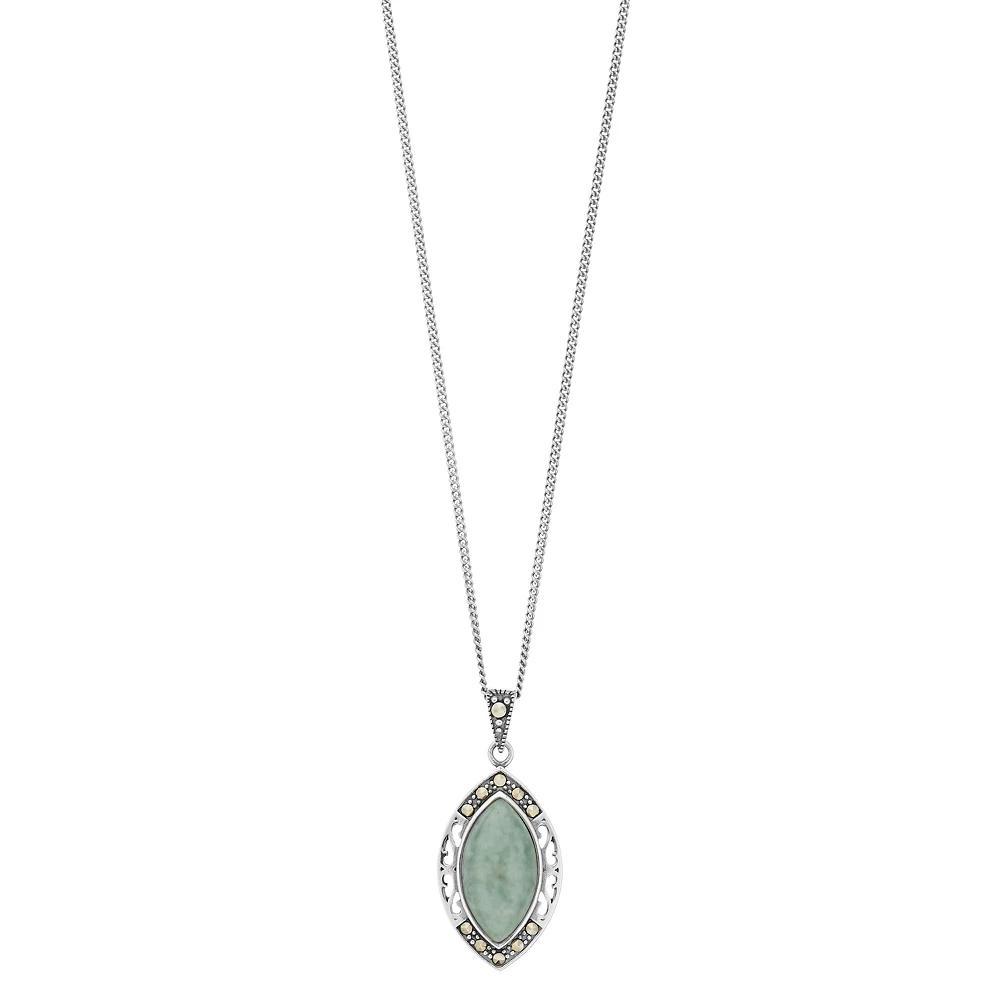 Tori Hill Sterling Silver Jade & Marcasite Marquise Pendant, Women's, Size: 18" Product Image