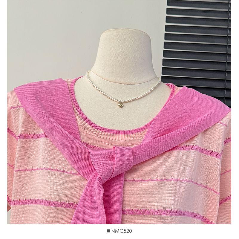Inset-Shawl Striped Midi T-Shirt Dress Product Image