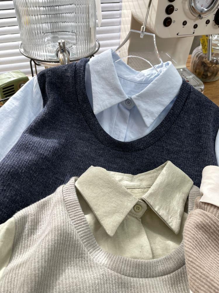 Long-Sleeve Collared Mock Two-Piece Two Tone Asymmetrical Blouse Product Image