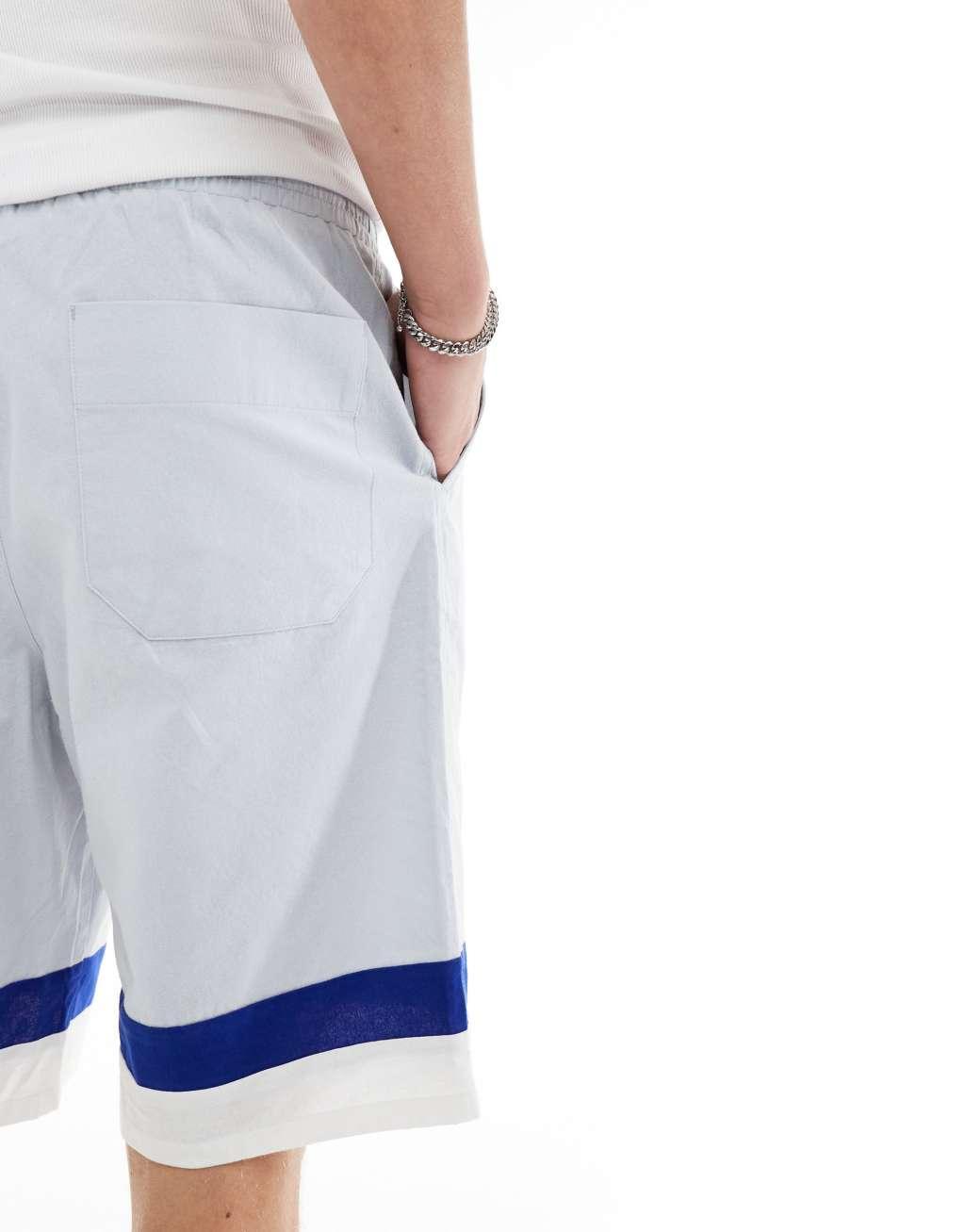ASOS DESIGN linen look shorts with blue stripe Product Image