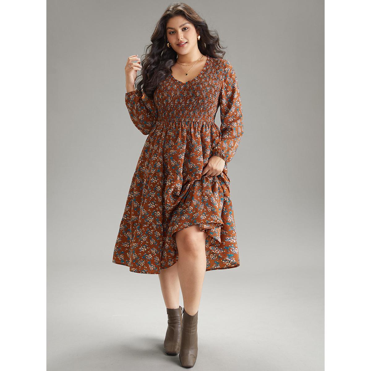 Plus Size Ditsy Floral Shirred Flutter Layered Hem Dress Rust Women Elegant Elastic cuffs V-neck Long Sleeve Curvy Midi Dress BloomChic 22-24/3X Product Image