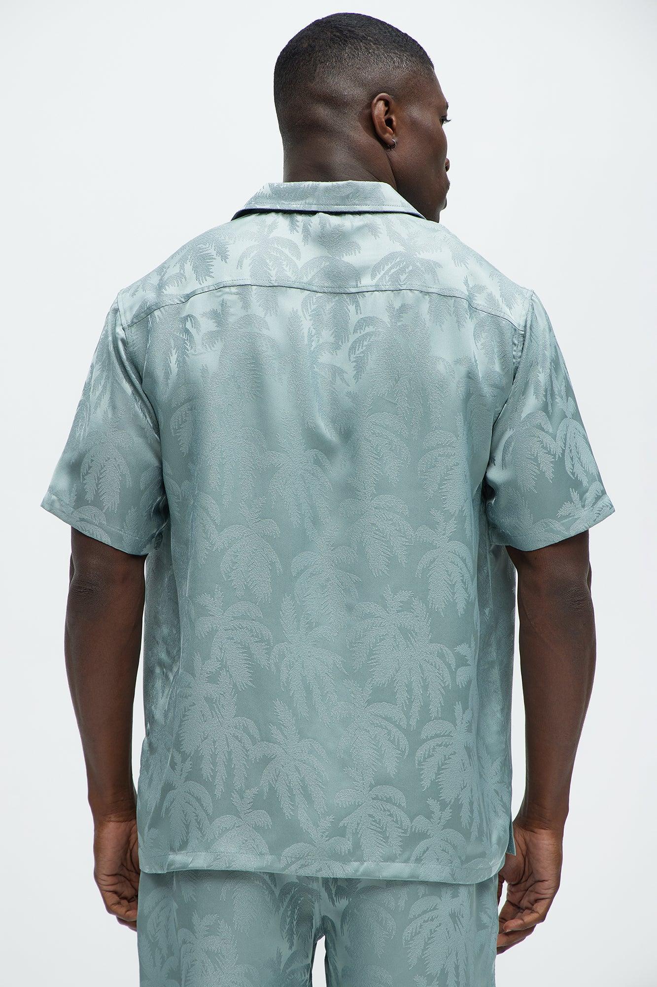 Palm Trees Jacquard Short Sleeve Button Up Shirt - Green Product Image