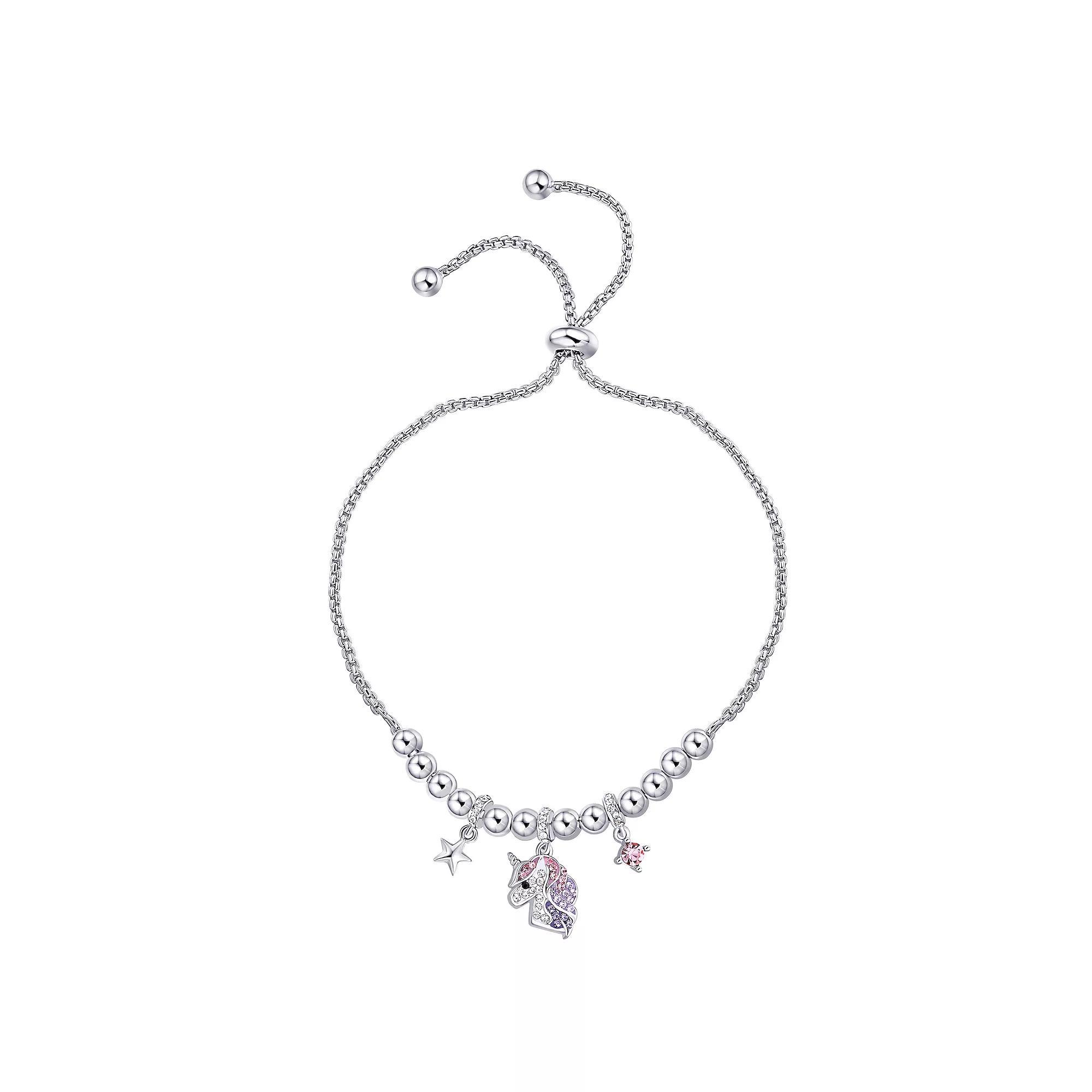 Crystal Collective Fine Silver Plated Pink Crystal Multi Charm Unicorn Adjustable Bracelet, Womens Product Image