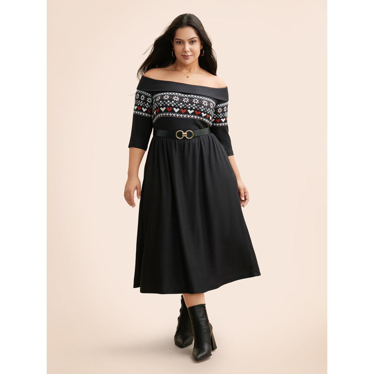 Plus Size Geometric Off Shoulder Neck Midi Dress Black Women Elegant Non One-shoulder neck Elbow-length sleeve Curvy BloomChic 14-16/1X Product Image