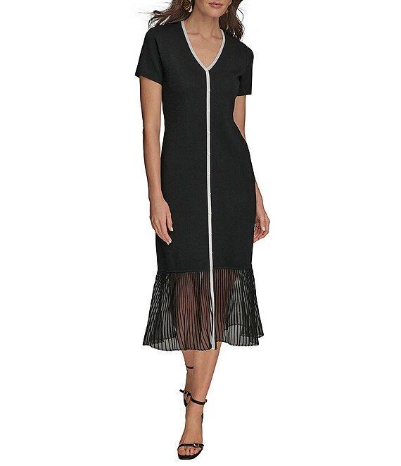 Donna Karan V-Neck Short Sleeve Contrast Trim Knit Midi Dress Product Image