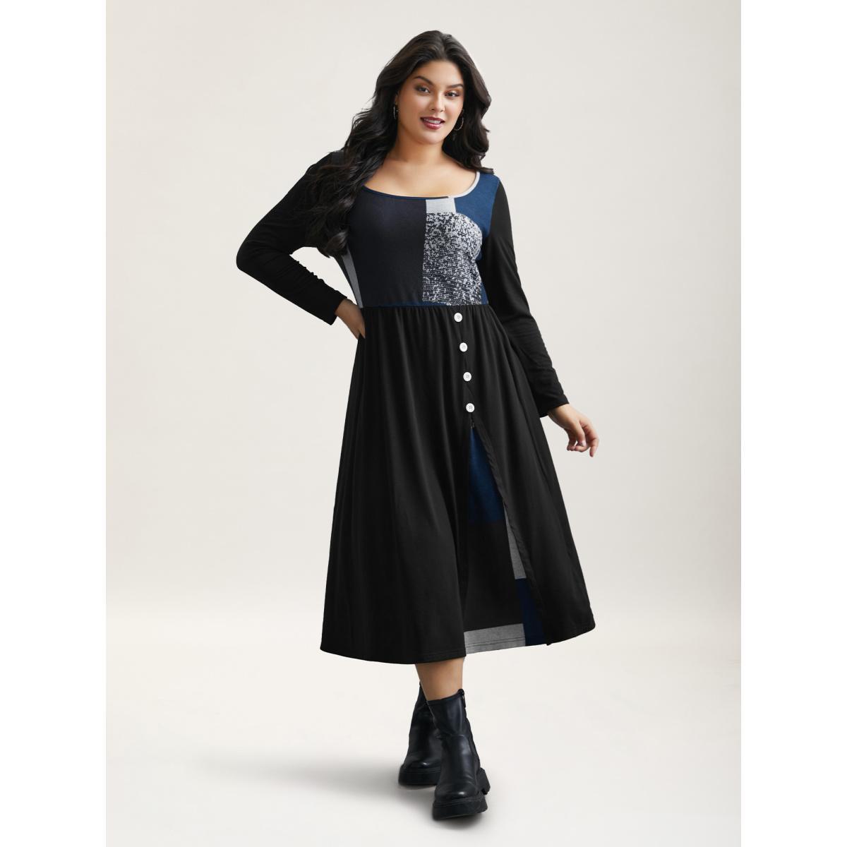 Plus Size Geometric Color-Block Stretchy Waist Midi Dress Black Women Casual Contrast Knit Dresses Bloomchic 14-16/1X Product Image