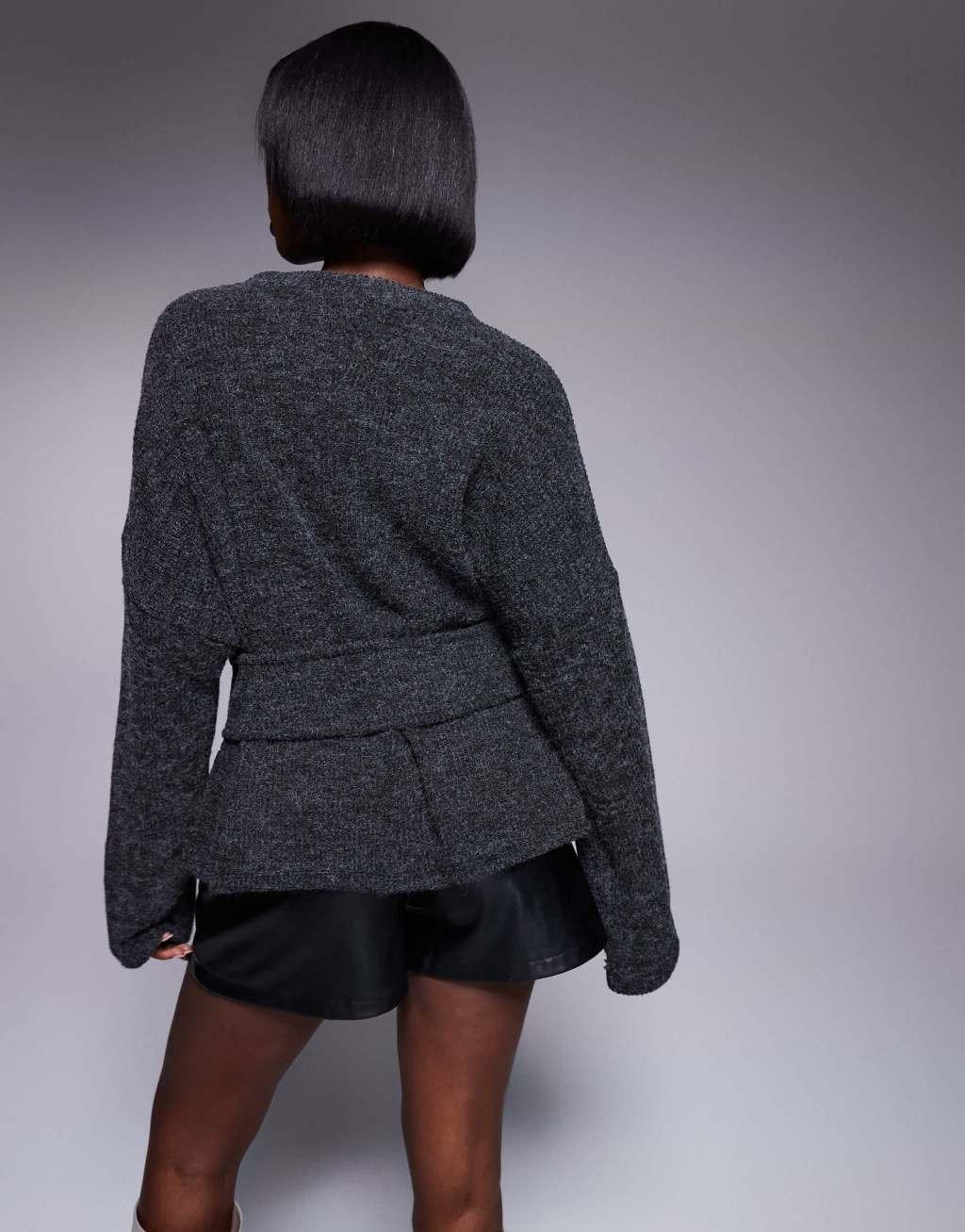 ASOS DESIGN rib boucle long sleeve top with gold trim detail in charcoal Product Image