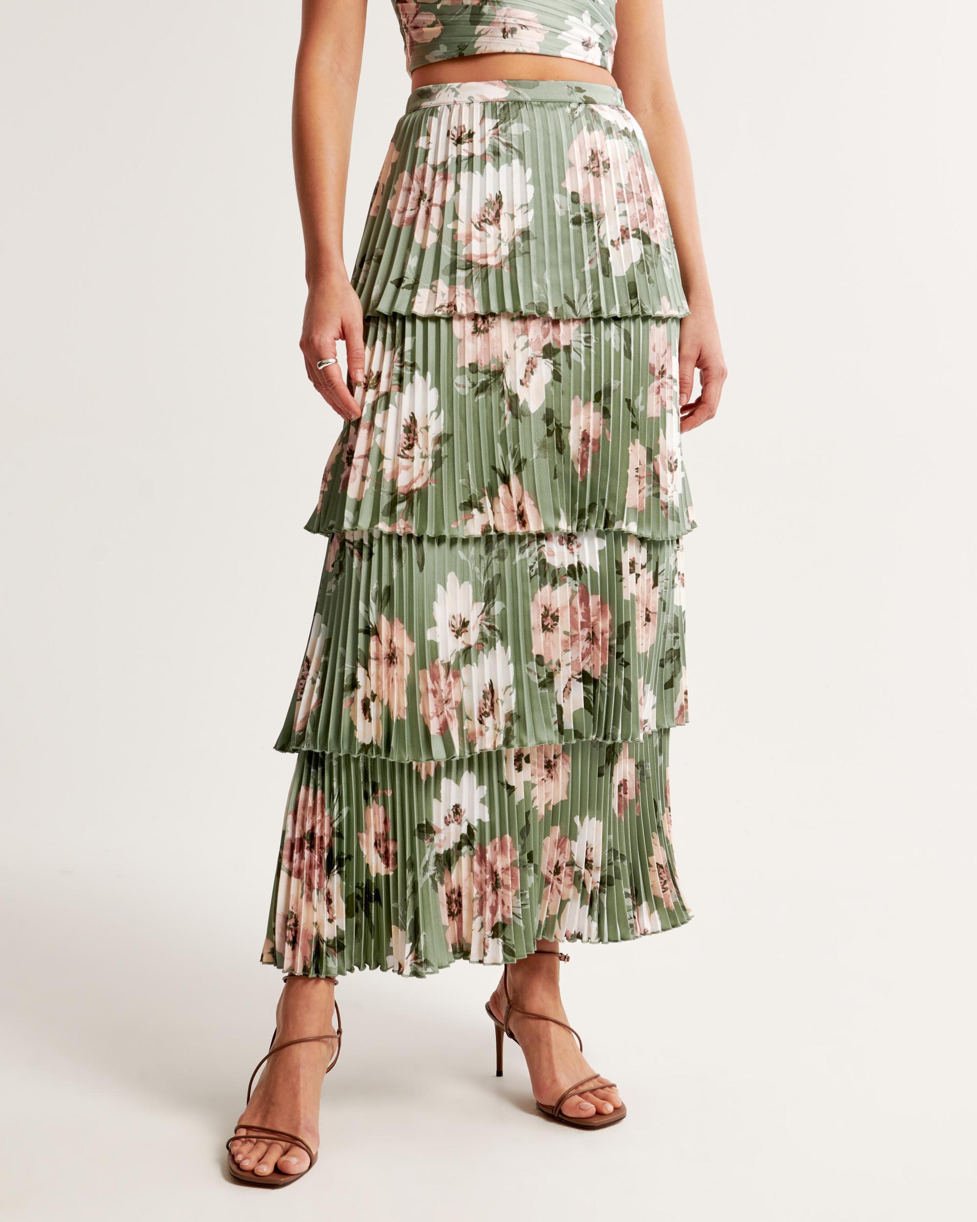 Satin Pleated Tiered Maxi Skirt Product Image