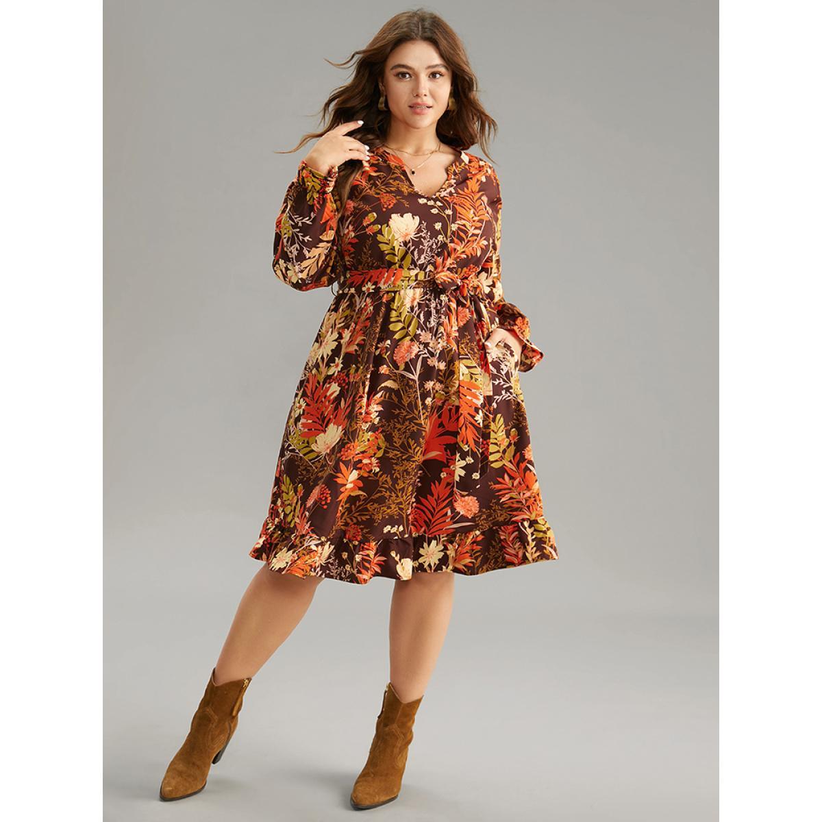 Plus Size Floral Belted Notched Lantern Sleeve Ruffles Dress Burgundy Women Casual Belted Notched collar Long Sleeve Curvy Midi Dress BloomChic 28/5X Product Image