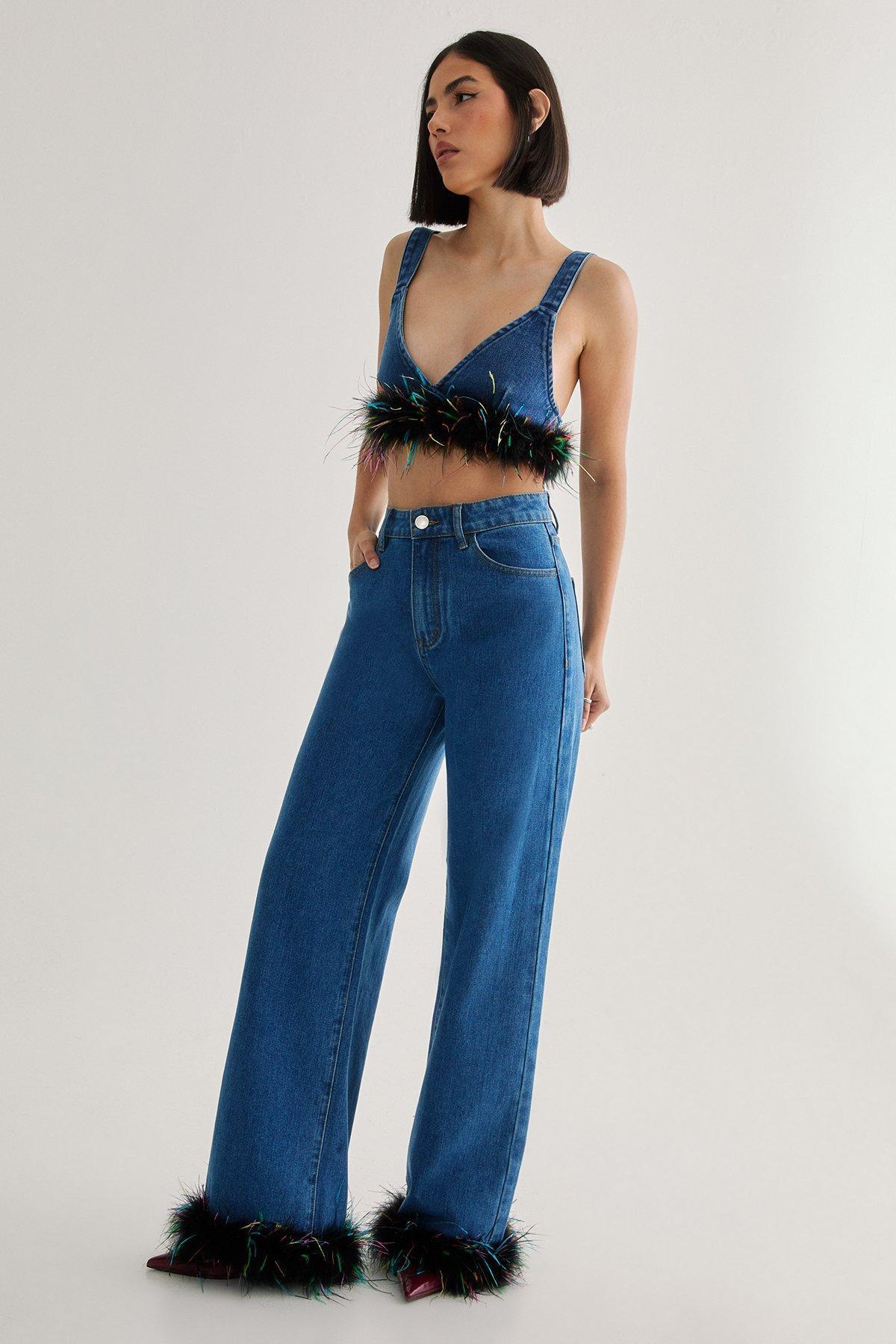 Limited Feather Trim Denim Jean Product Image