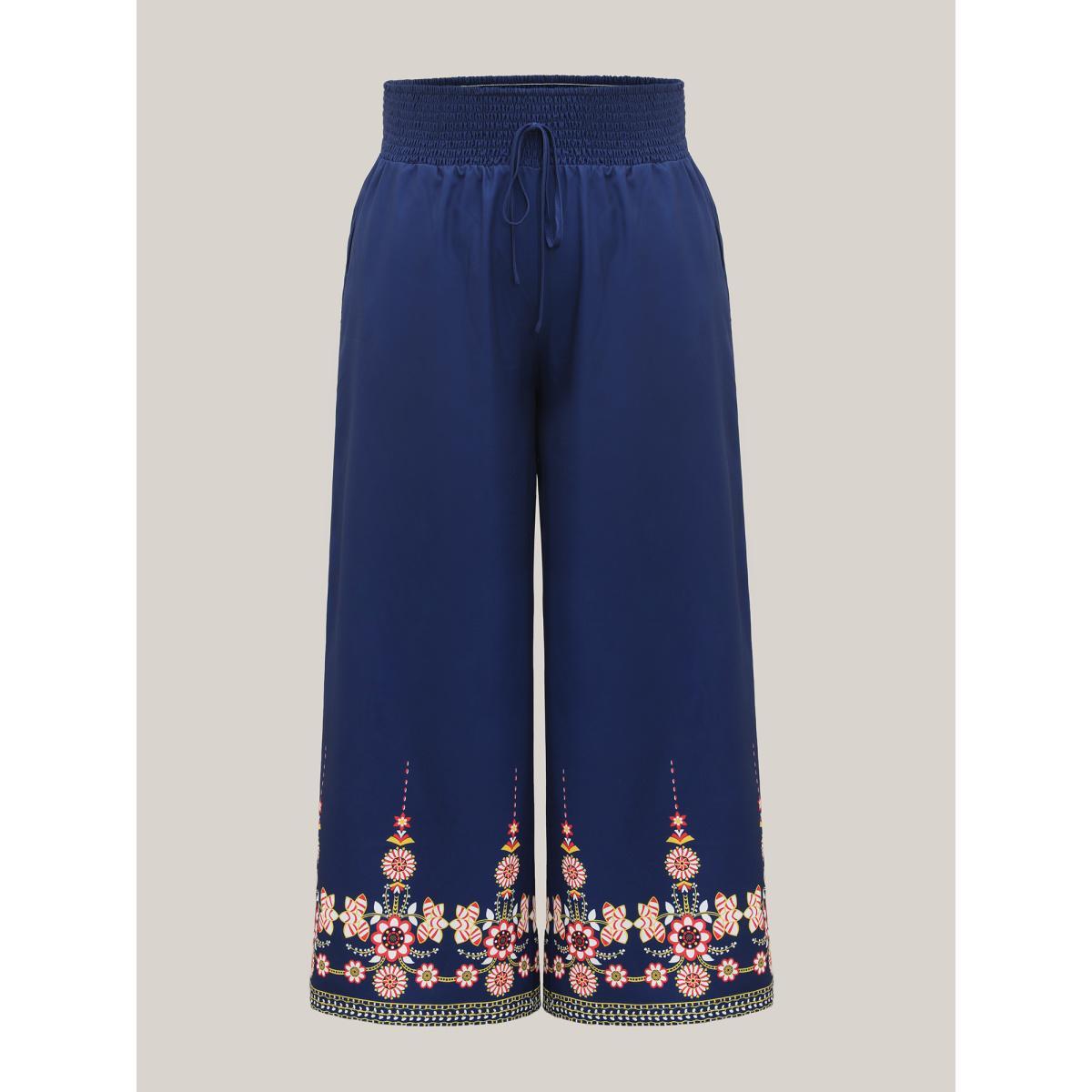 Plus Size Contrast Geo Print Hem Wide-Leg Pants Women Indigo Resort Loose Mid Rise Vacation Pants BloomChic 10/M Product Image