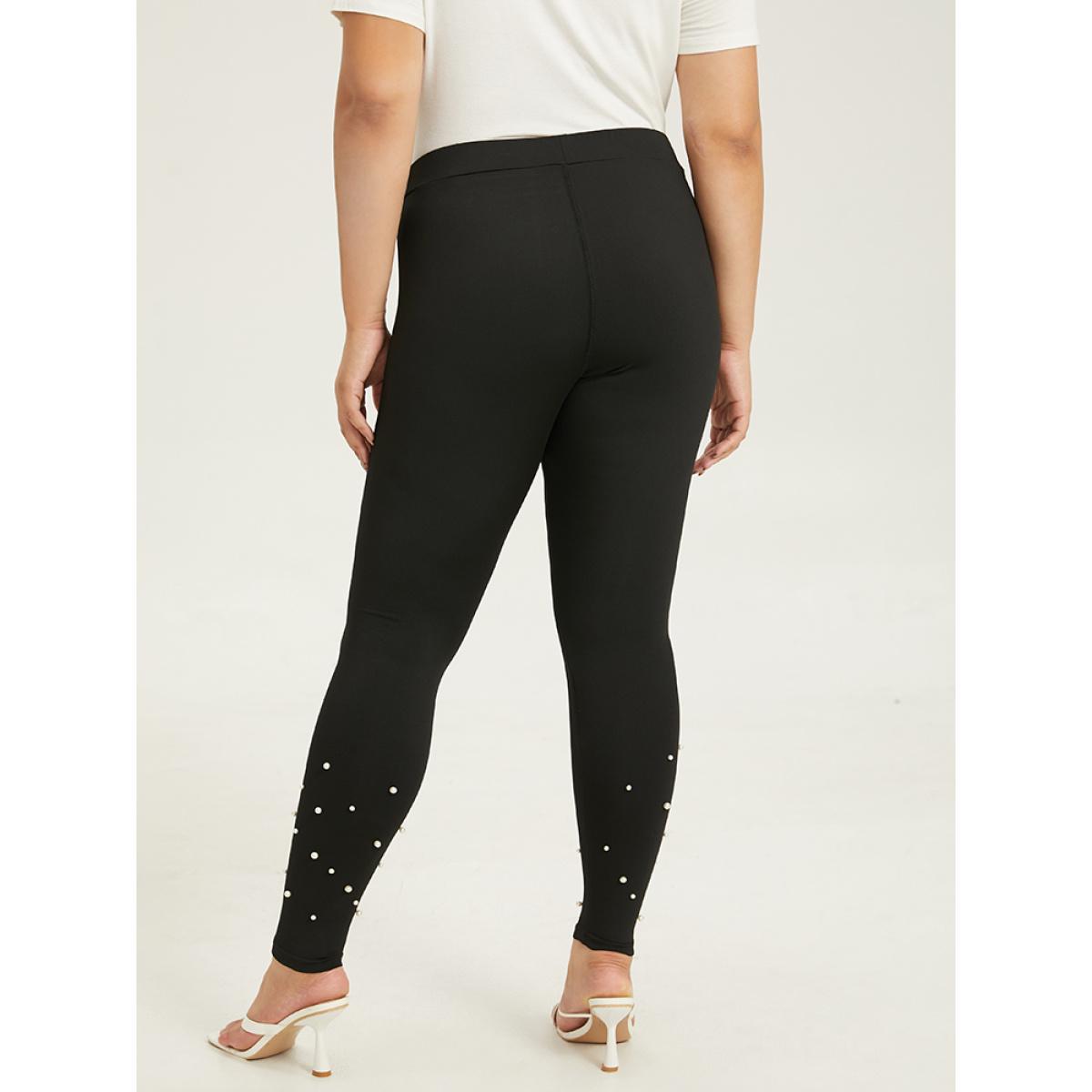 Plus Size Skinny Elastic Waist Pearl Beaded Leggings Women Black Elegant High stretch Skinny High Rise Dailywear Leggings BloomChic 10/M Product Image
