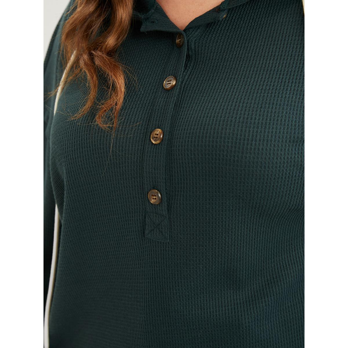 Plus Size Solid Pocket Button Drawstring Waffle Knit Hooded Sweatshirt Women Green Casual Drawstring Loose Hooded Dailywear Sweatshirts BloomChic 28/5X Product Image