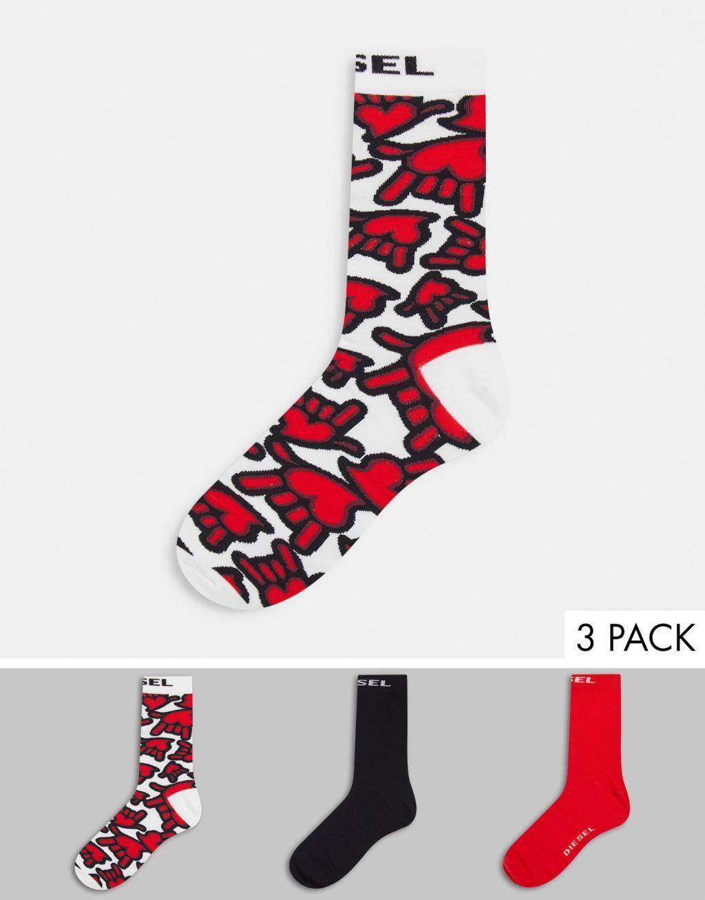 Diesel 3 pack socks with hand print in white/black/red Product Image
