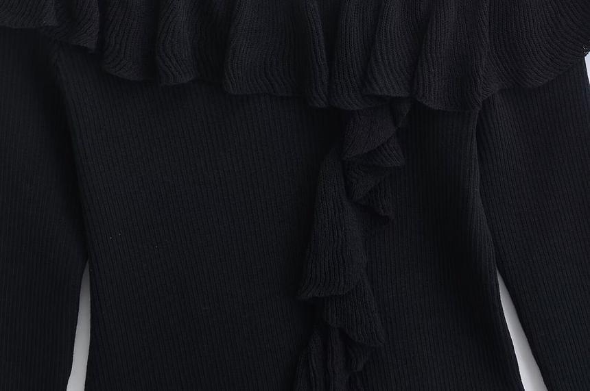 Cold-Shoulder Plain Ruffle Sweater Product Image