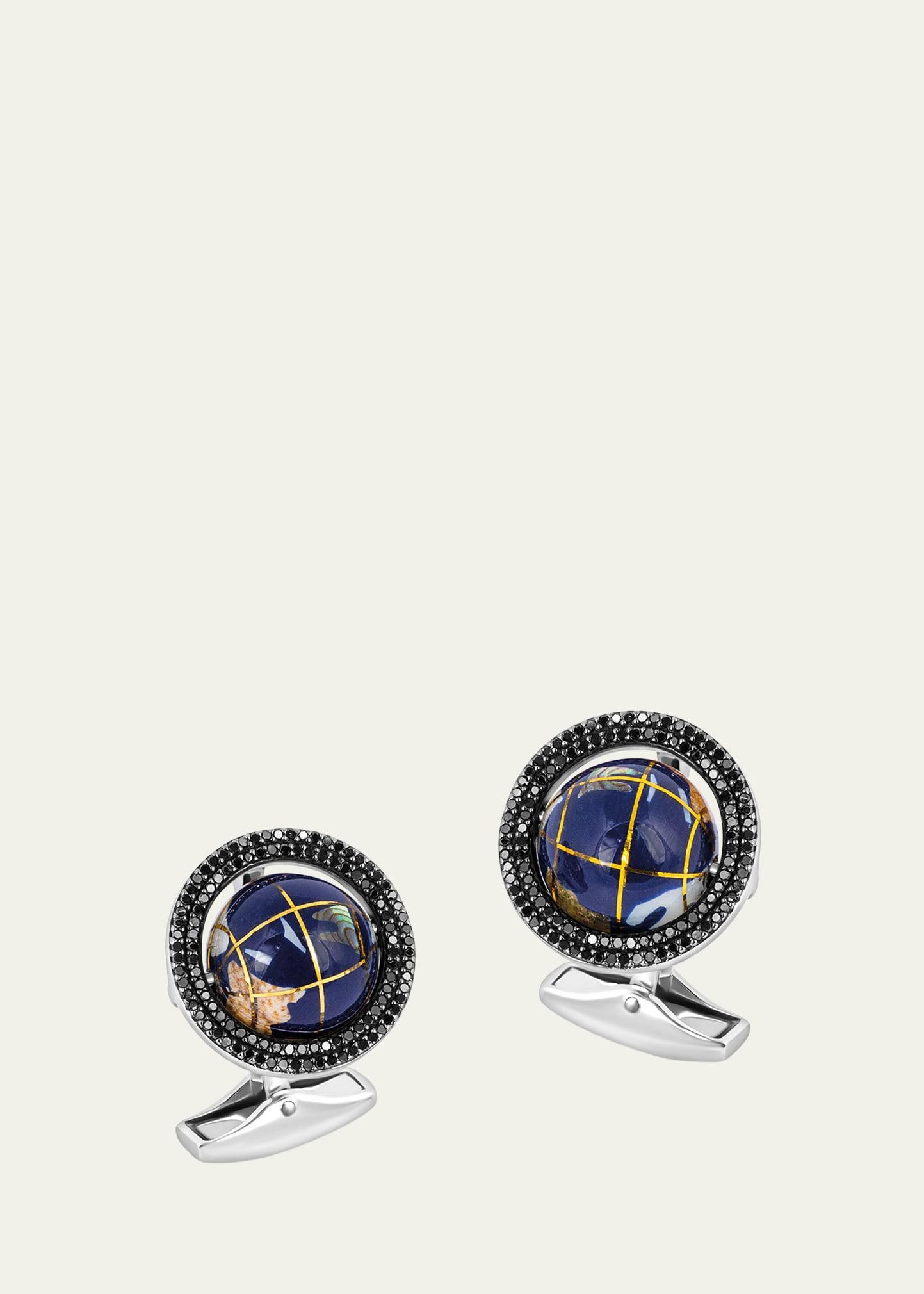 Mens Rotating World Globe Cufflinks with Black Diamonds Product Image