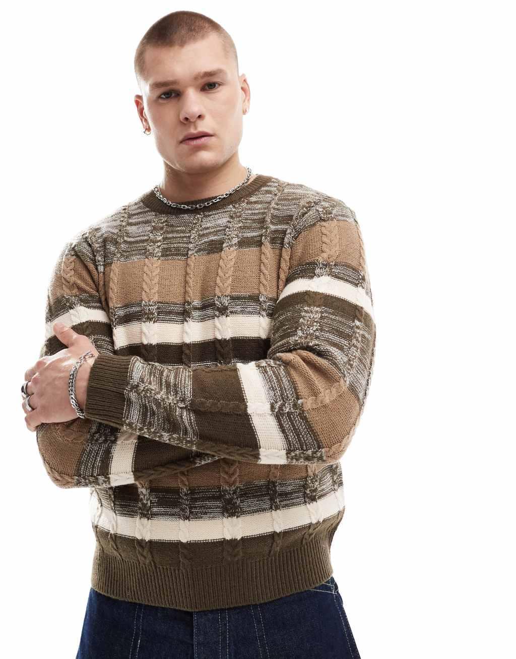 Another Influence mix match stripe round neck sweater in brown  Product Image