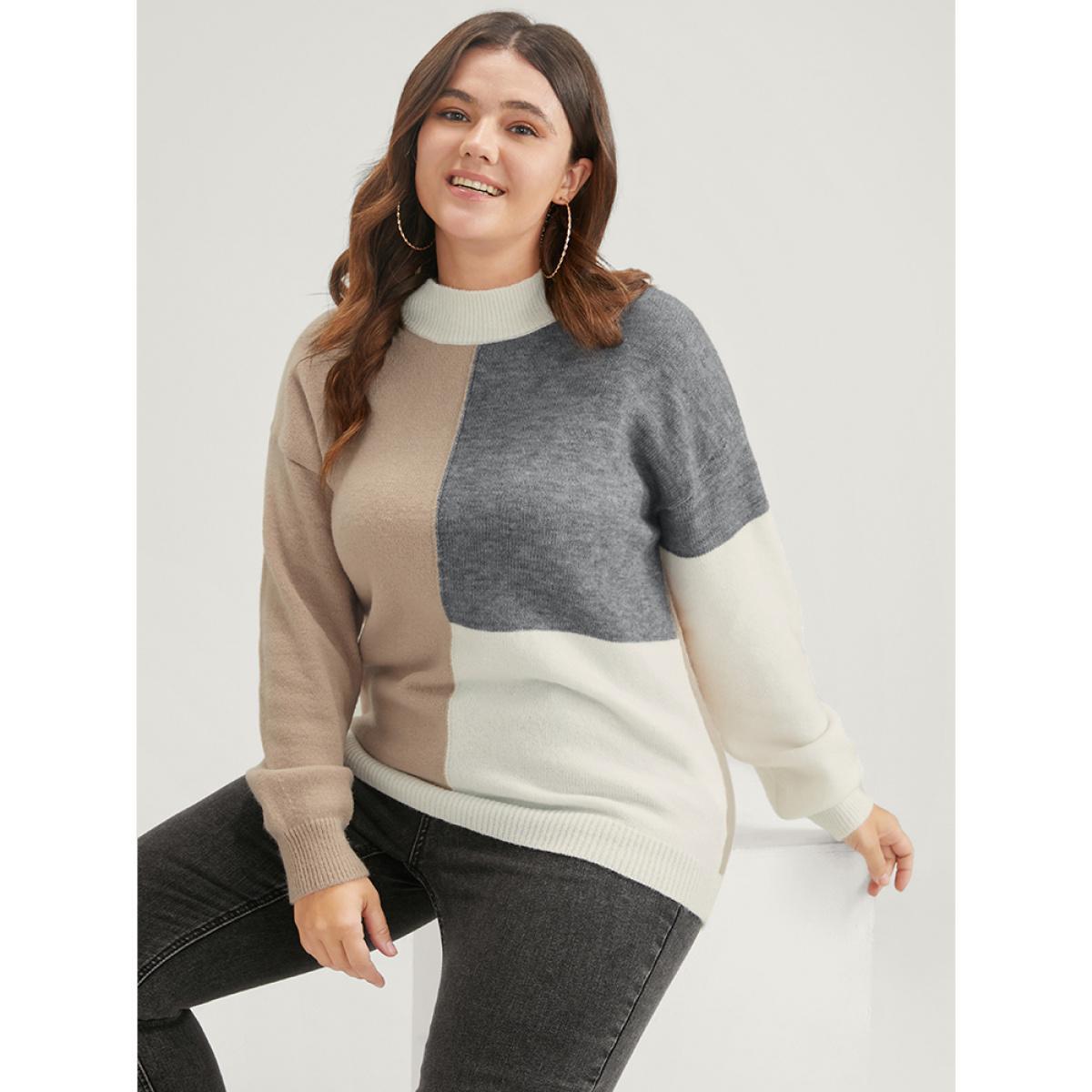 Plus Size Colorblock Contrast Pointelle Knit Heather Mock Neck Knit Top Multicolor Women Casual Long Sleeve Mock Neck Dailywear Pullovers BloomChic 26/4X Product Image