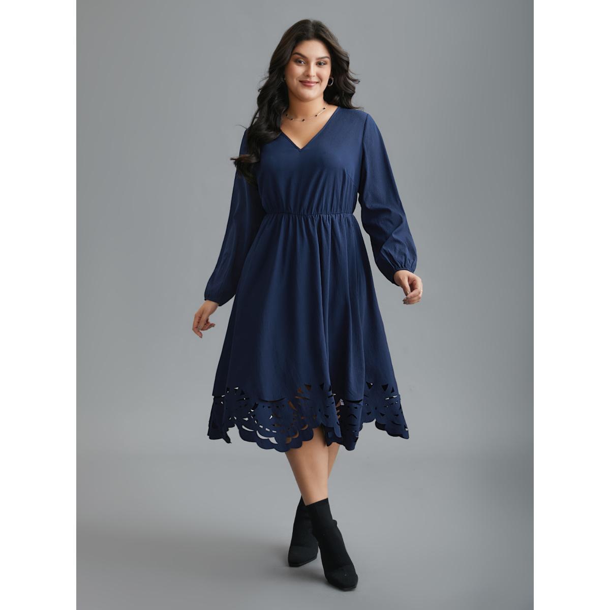 Plus Size Laser Cut Elastic Waist Pocketed Midi Dress Navy Women Elegant Texture V-neck Long Sleeve Curvy BloomChic 14-16/1X Product Image