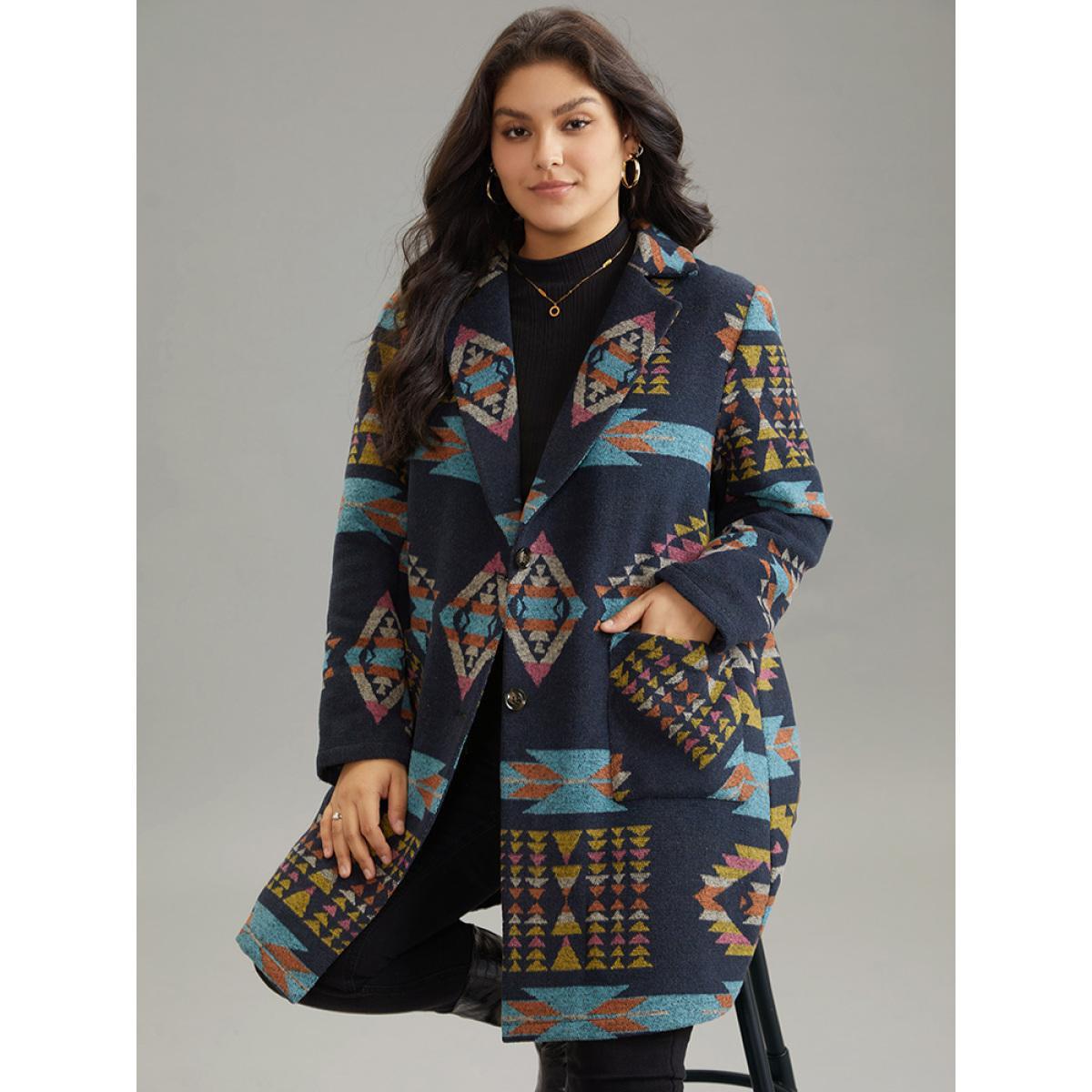 Plus Size Geometric Button Up Lapel Collar Coat Women Indigo Casual Printed Ladies Dailywear Winter Coats BloomChic 12/L Product Image
