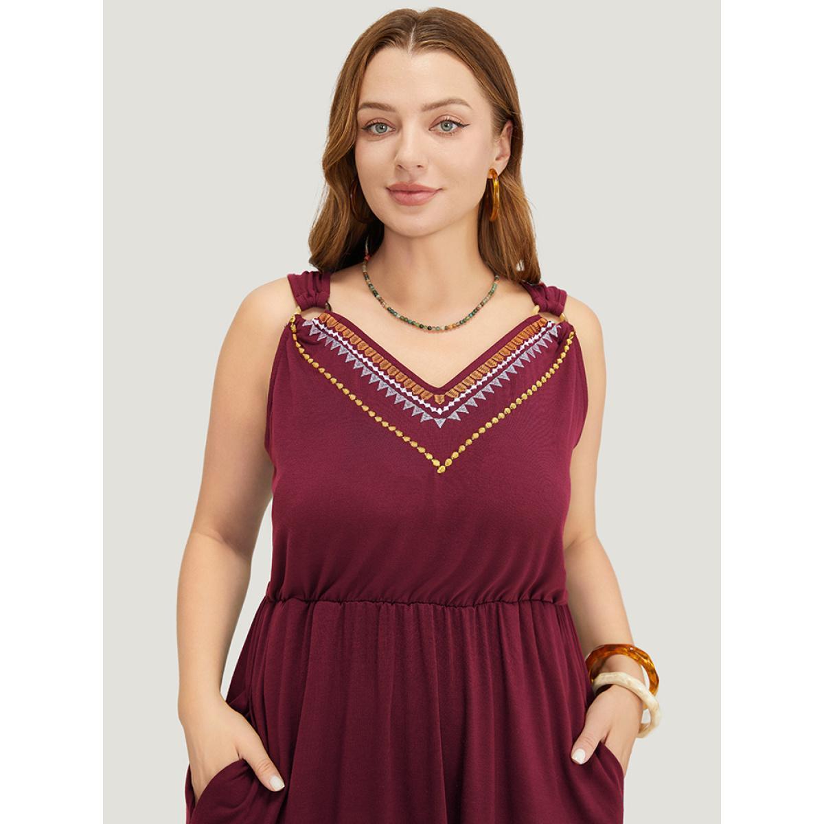 Plus Size Geometric Embroidered Buckle Detail Pocket Ruffle Hem Cami Dress Scarlet Women Vacation Embroidered V-neck Sleeveless Curvy Midi Dress BloomChic 26/4X Product Image