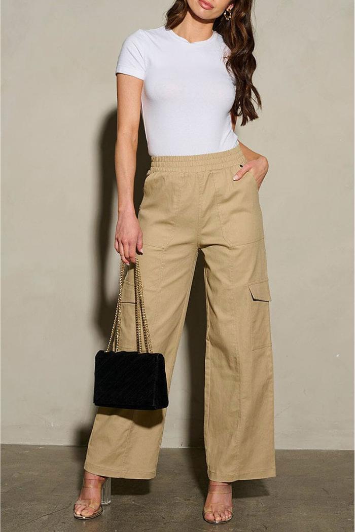 Elastic Waist Cargo Pockets Wide Leg Pants Product Image