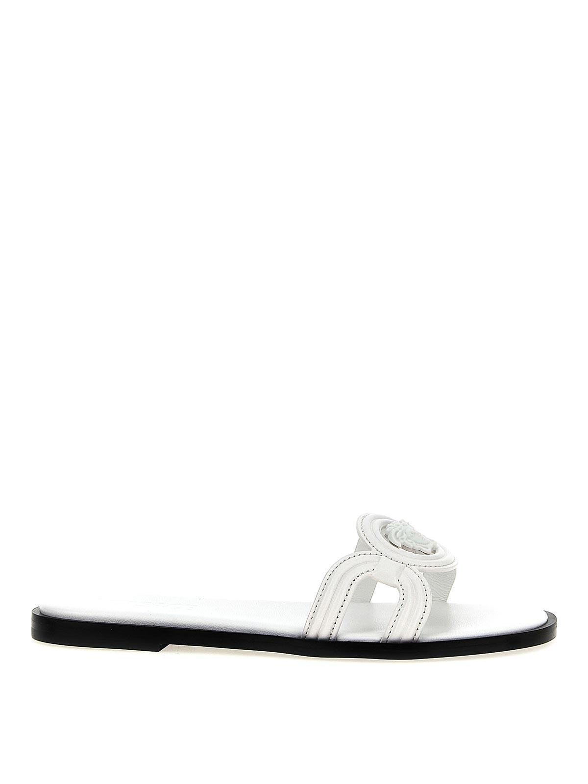 VERSACE Medusa Leather Flat Slide Sandals In White Product Image