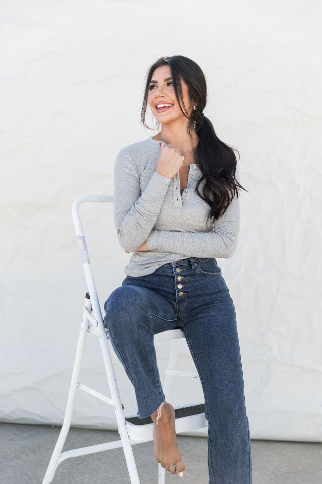 All The Better Grey Ribbed Knit Henley Long Sleeve Tee FINAL SALE Product Image