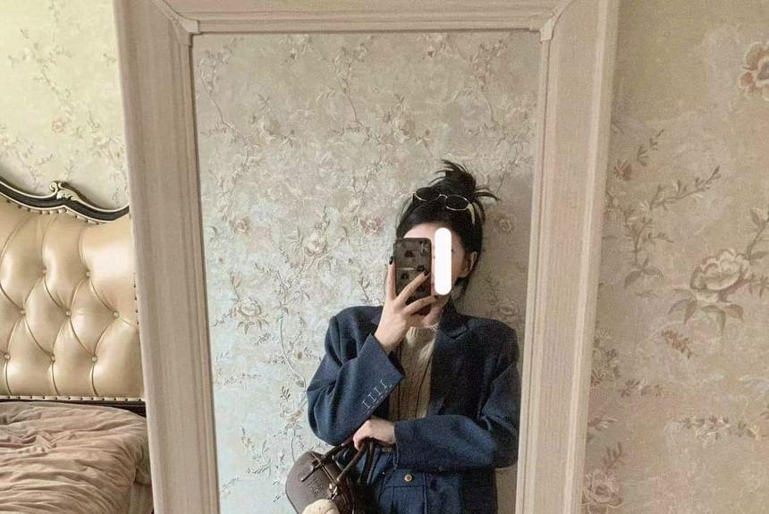 Short-Sleeve Round Neck Plain Cable Knit  Top / Single-Breasted Blazer / High Waist Pleated Mini A-Line Skirt / Set Product Image