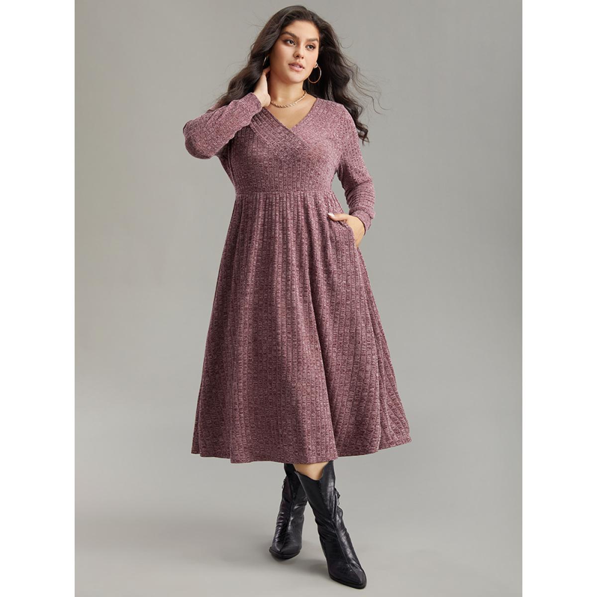Plus Size Rib Knit Plain Plisse Long Sleeve Dress Purple Women Casual Rib Knit V-neck Long Sleeve Curvy Midi Dress BloomChic 12/L Product Image
