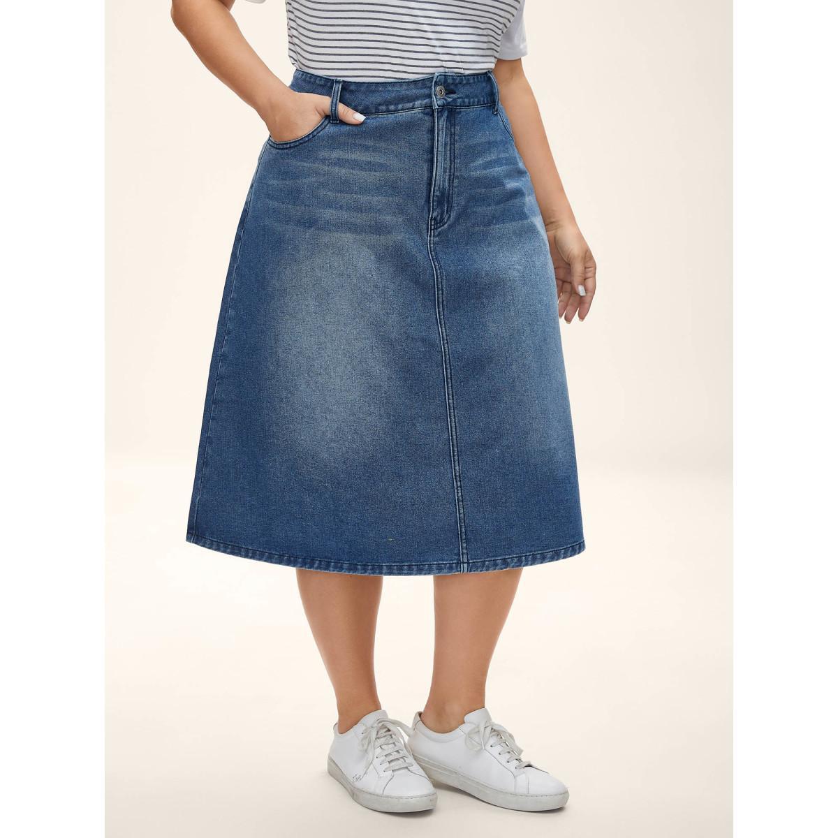 Plus Size A-Line Midi Denim Skirt Women Midblue Everyday-Casual No stretch Medium Wash 24/3X Slanted pocket Denim Skirts BloomChic Product Image