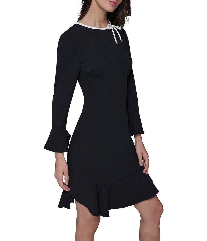 KARL LAGERFELD PARIS Scuba Crepe Round Neck 3/4 Bell Sleeve Flounce Hem Sheath Dress Product Image