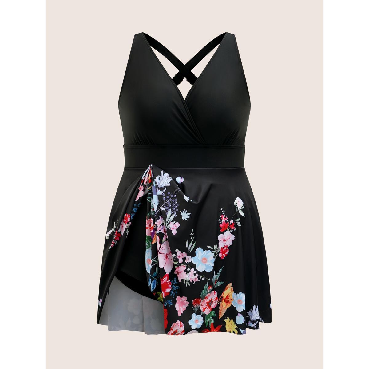 Plus Size Overlap Collar Natural Flowers Gathered Swim Dress Women's Swimwear Black Beach Bodycon Overlap Collar High stretch Curve Swim Dresses BloomChic 18-20/2X Product Image