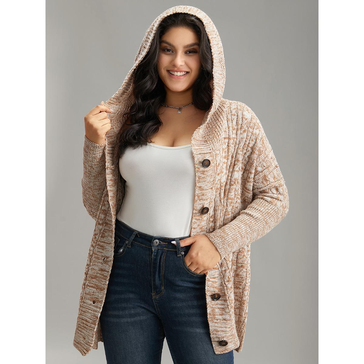 Plus Size Cable Knit Hooded Button Through Cardigan Bronze Women Casual Loose Long Sleeve Dailywear Cardigans BloomChic 28/5X Product Image