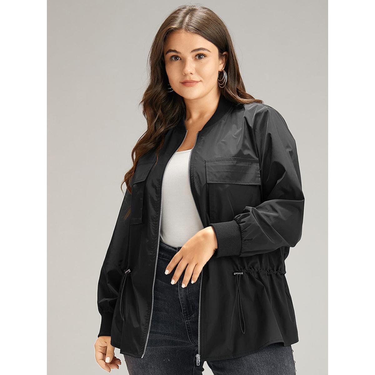 Plus Size Wind-Resistant Zipper Fly Drawstring Jacket Women Black Plain Pocket Dailywear Jackets BloomChic 28/5X Product Image