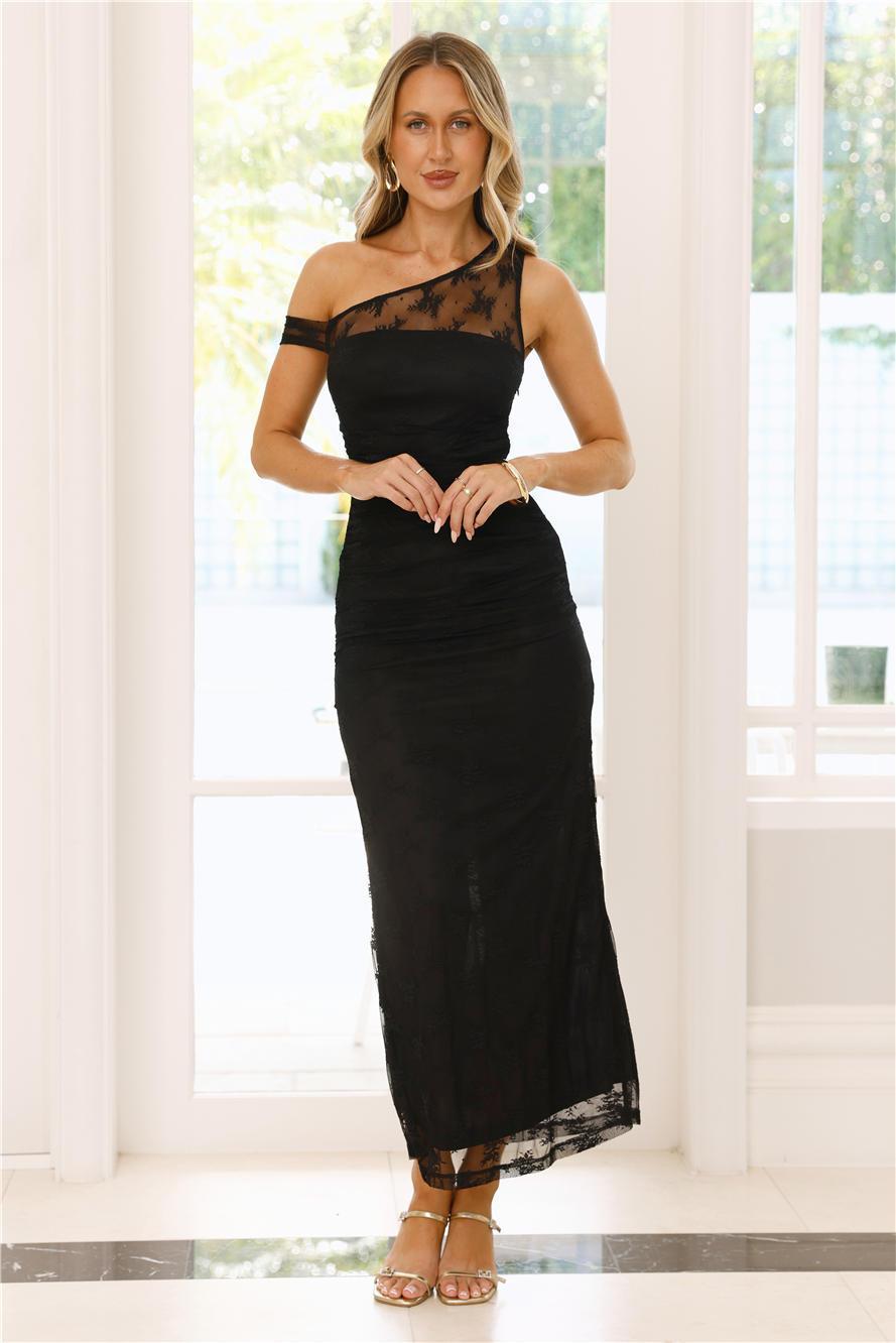 Wild Berry Whimsy Lace Off Shoulder Maxi Dress Black Product Image