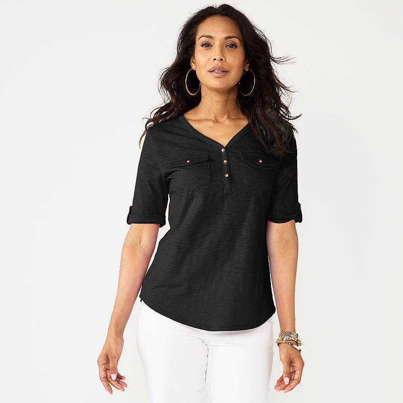 Petite Croft & Barrow® Elbow Sleeve Utility Henley Top, Women's, Size: Small Petite, Bright White Product Image